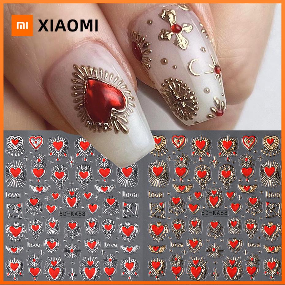 Xiaomi 2pcs 3D Heart Sun Star Nail Art Stickers Decals Gold Silver Red Romantic Valentine Adhesive Slider Charms 5D Nail Art Decoration