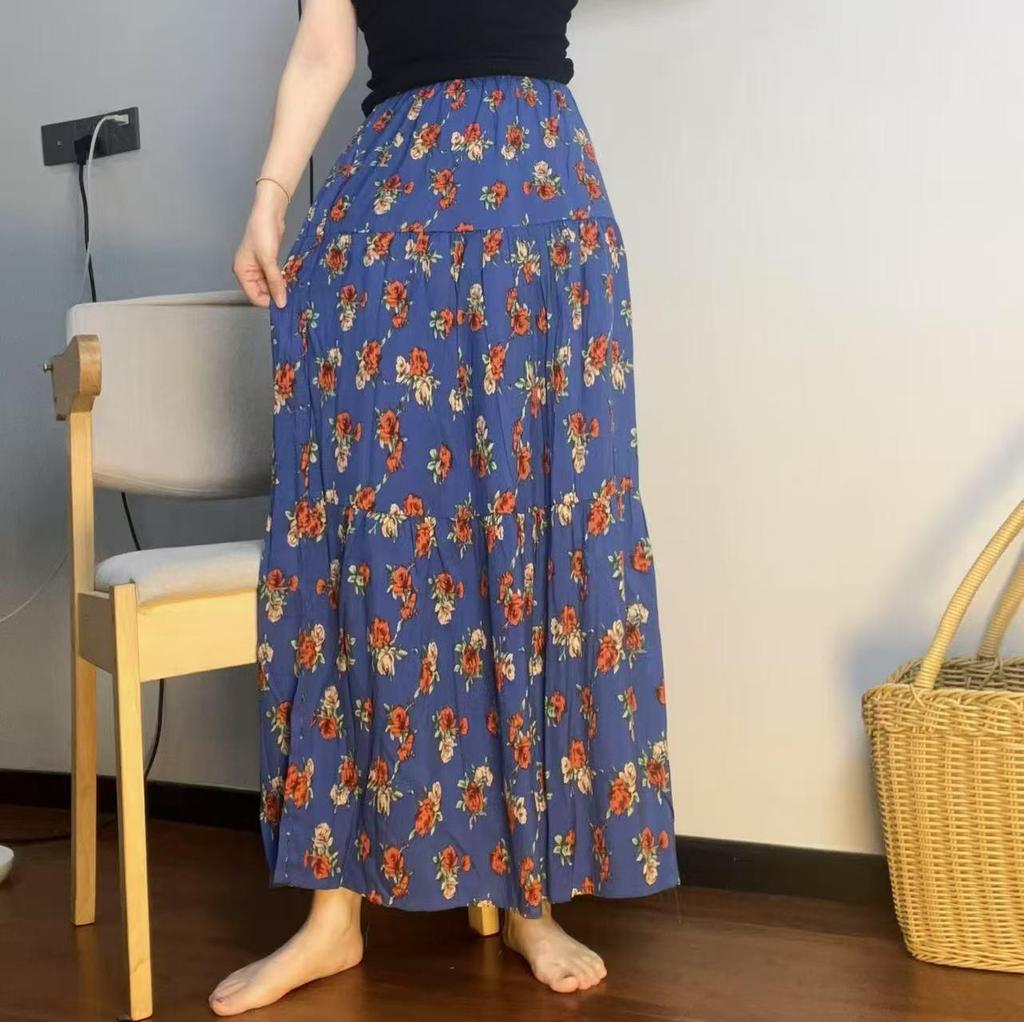 Women's Floral Print Cotton-Silk Elastic Waist Skirt - Southeast Asian Style for Spring and Summer