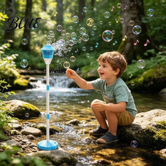 Bubble Machine for Outdoor Use Kids 46 Inch Vertical Maker with Adjustable Height Three-Section Flexible Blower Tube Battery Music Light Toddlers