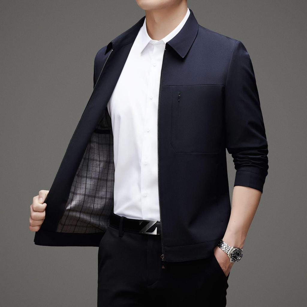 Luxury 2025 Spring/Autumn Men's Casual Lapel Jacket - Mid-aged Cadre Style, Perfect for Father's Wear.