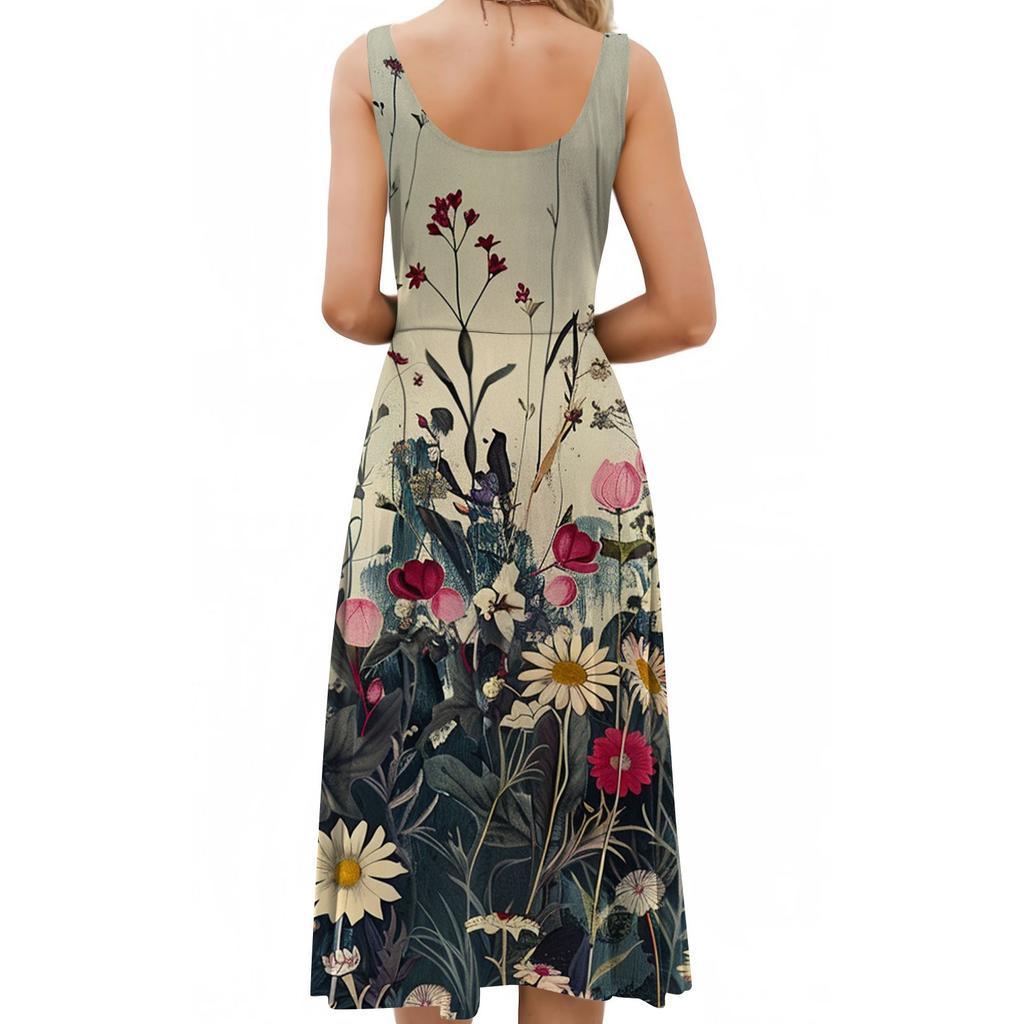 Summer Dresses For Women 2024 Beach Loose Round Neck Sleeveless Midi A-Line Swing Dress Sundresses With Pockets