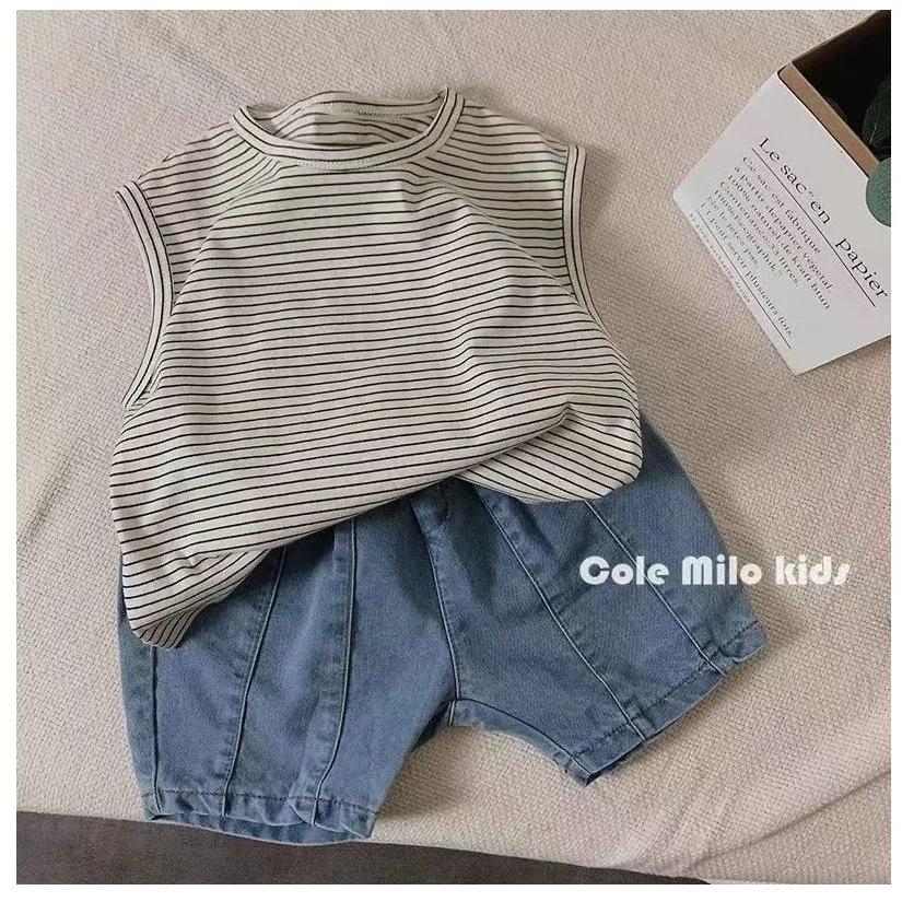 Kids Cotton Sleeveless Vest Striped T Shirt Unisex Loose Fit Korean Trendy Top
