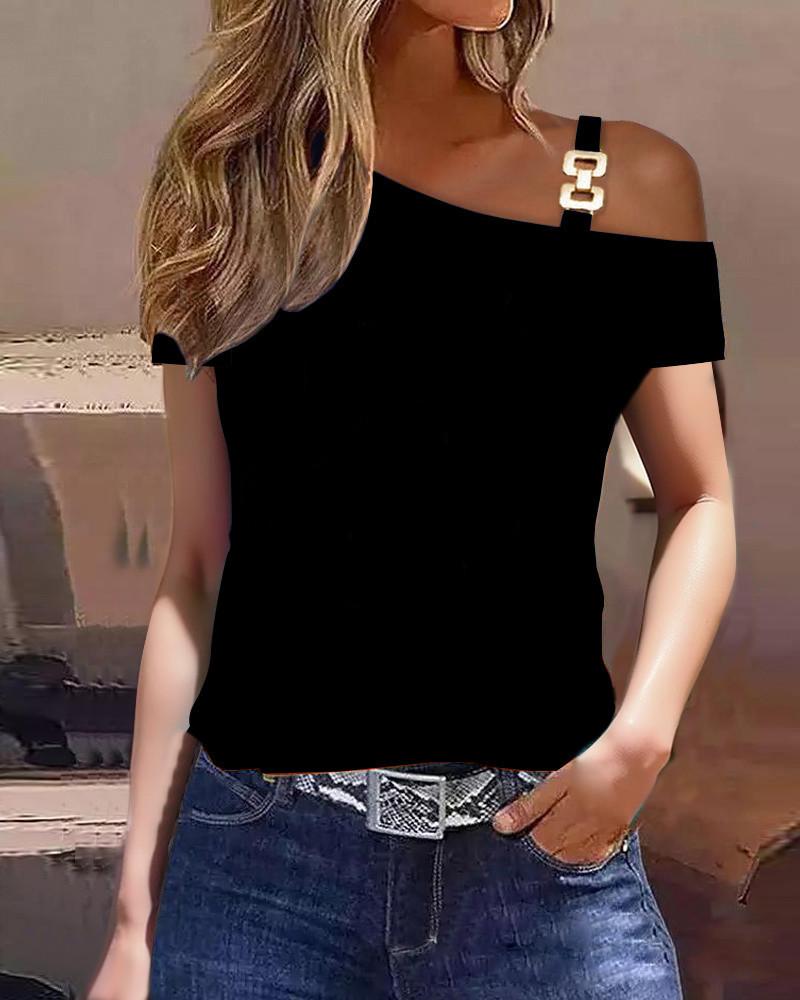 2023 Bestseller Women's Simple Short Sleeve T-Shirt with Metal Buckle Print
