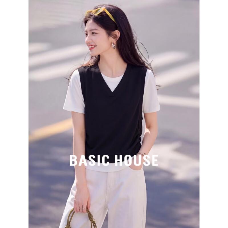 Basic House Women s Contrast Faux Two-Piece Short Sleeve T-Shirt One Size чёрный