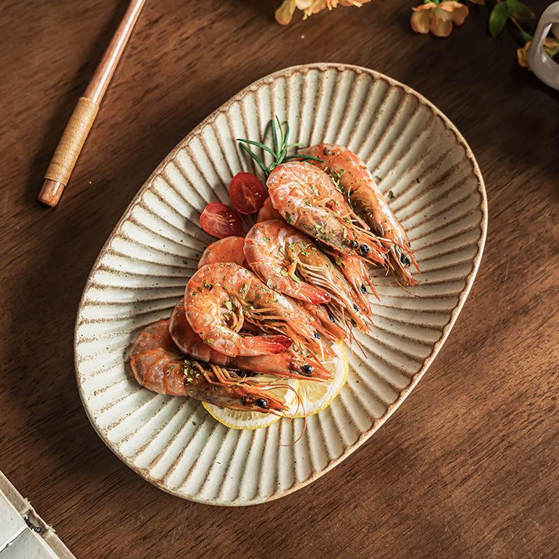 Ovale Platte Retro-Stil Grobkeramikplatte Keramikplatte Reliefmuster Speiseteller Haushalt Groß Gemüseteller Fischteller