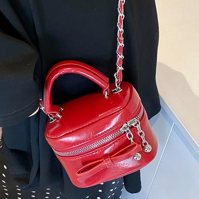 Red Mini Handheld Small Square Bags For Women  New Bow Chain Versatile Crossbody Bags Trendy PU Leather Lipstick Purse