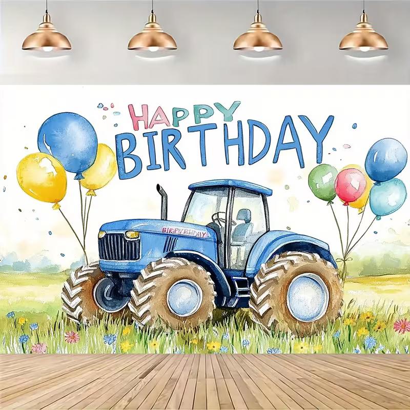 2D Flat Print Tractor Happy Birthday Tapestry Backdrop for Kids Farm Party