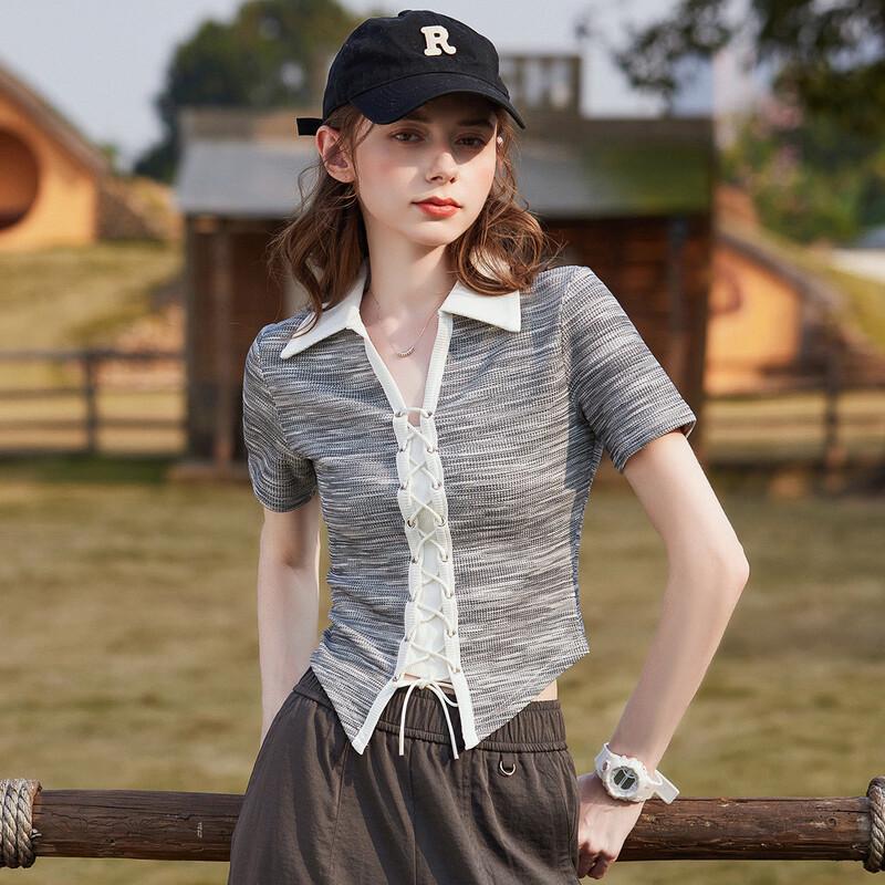 

Bailuyu Women s Fashion Lapel Tie-Strap Short Sleeve T-Shirt L
