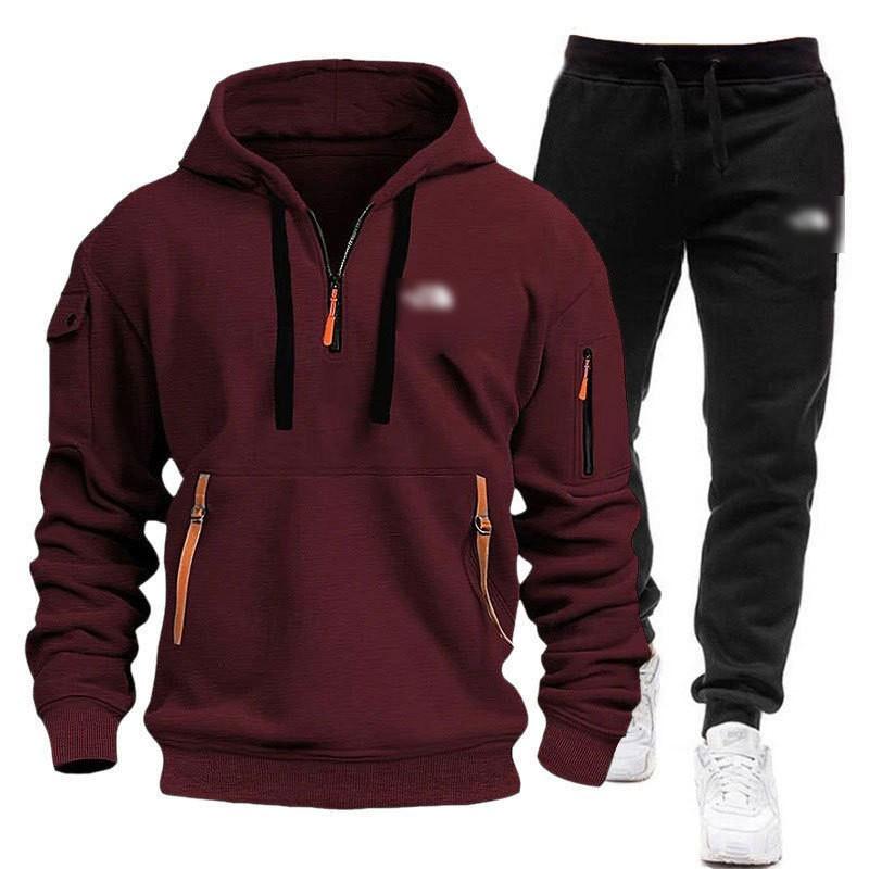 Mens Winter Hooded Tracksuit Long Sleeve Top Pants Set Multi Pockets Casual Sportswear
