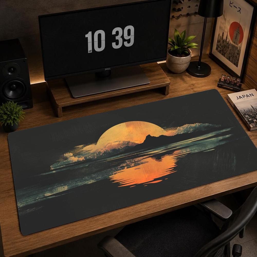 Large Retro Mountain Red Sun Landscape Mousepad XXL Vintage Scenery Non‑Slip Rubber Game Mouse Mats Overlock Gaming Accessories