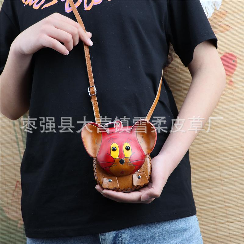 Cowhide Creative Little Mouse Change Bag, Car Key Bag, Zodiac Small Backpack, Shoulder Messenger Bag, Small Gift.
