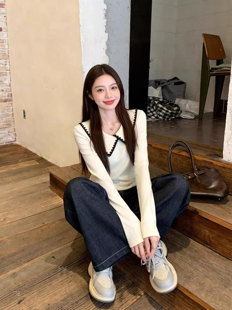 2026 Spring Plus Size Women's Korean Doll Collar Lace Knit Top