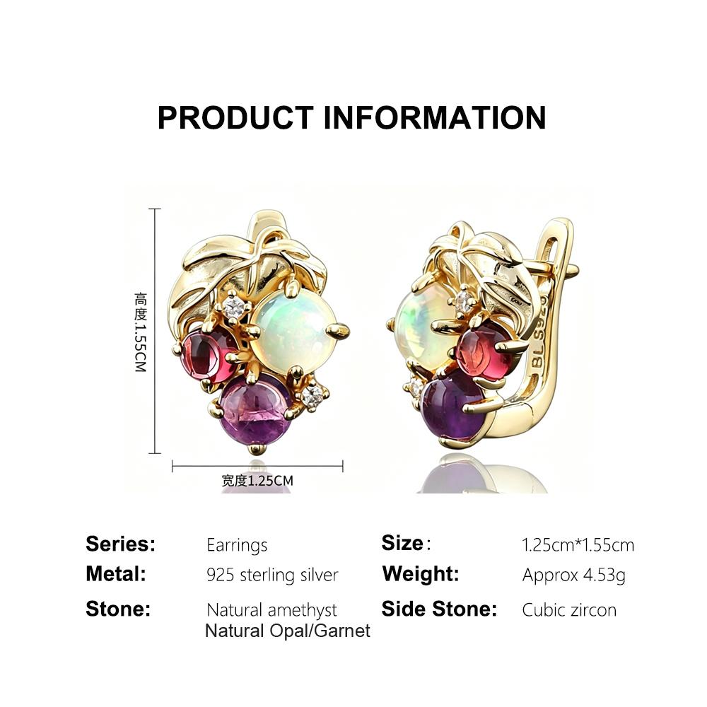 Women's Grape-Shaped Earrings with Natural Opal Amethyst Garnet Gemstones 925 Sterling Silver Fine Jewelry