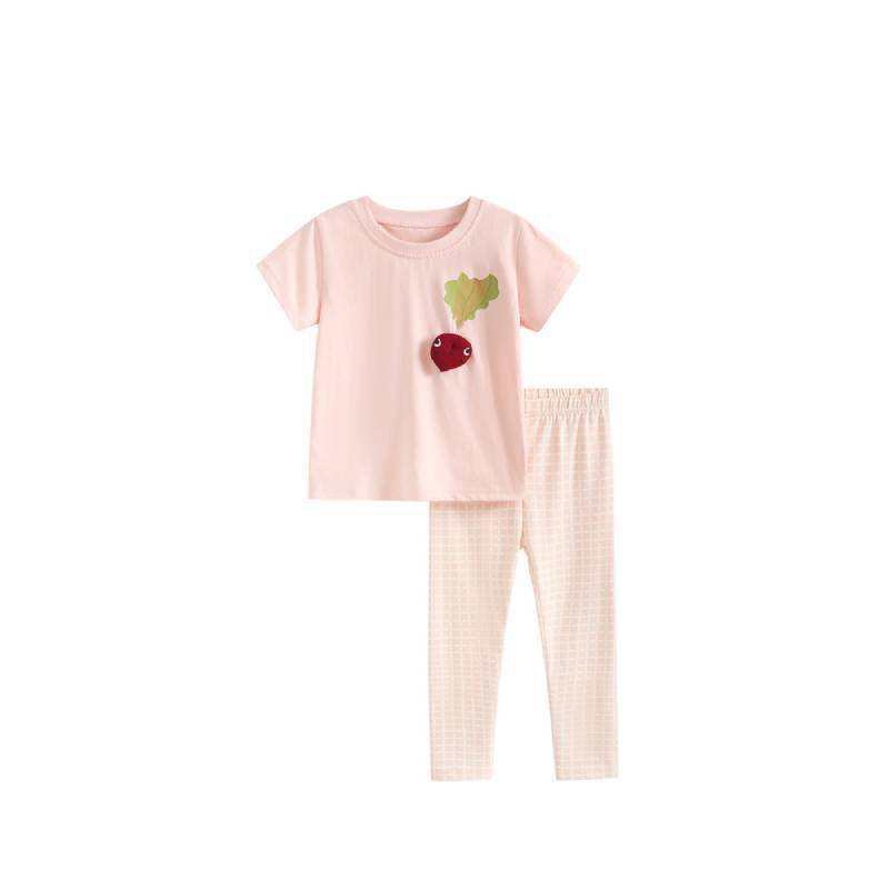 Girl Summer Cotton Cartoon Twopiece Set With Tshirt And Pants For Kids