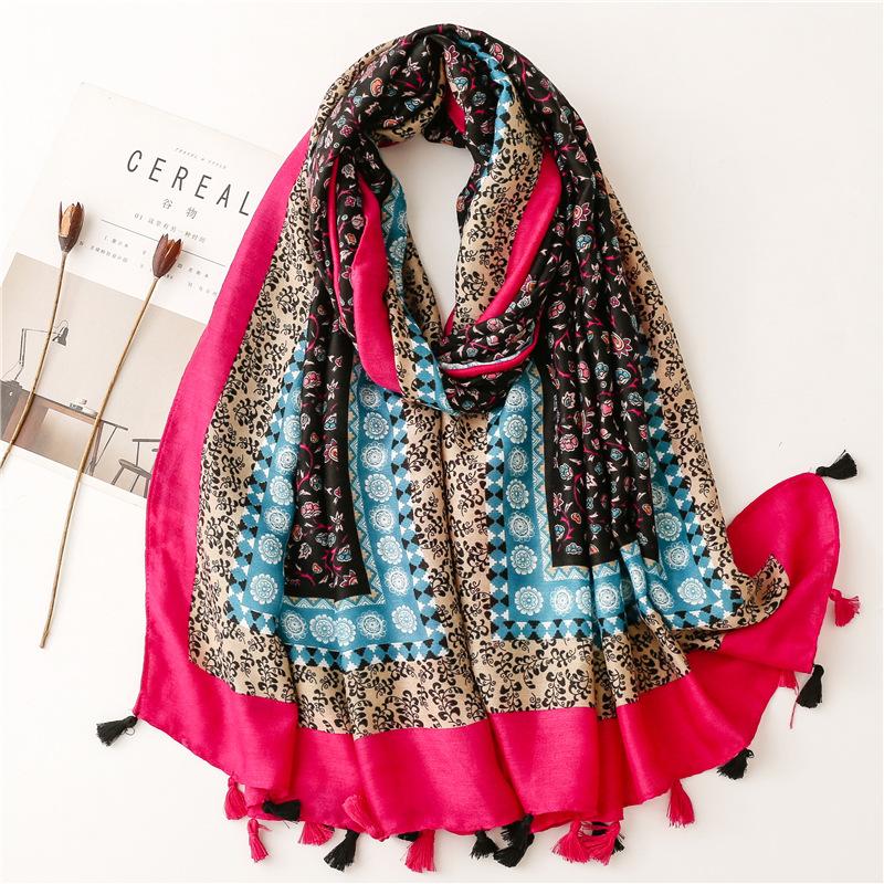 New Autumn Fashion Women Viscose Scarf Lovely Vintage Floral Tassel Hijab Shawls And Wraps Foulard Echarpe Muslim Sjaal 180*90Cm