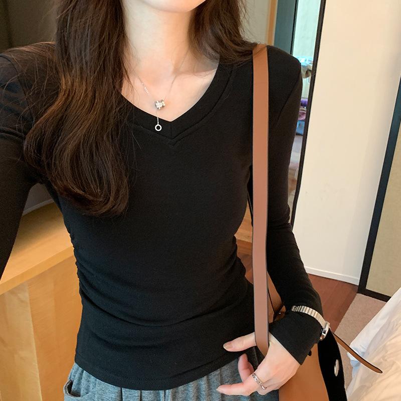 

Simple V-neck slim-fit pleated waist long-sleeved T-shirt for women autumn and winter new style right shoulder plus velvet thickened bottoming top XL