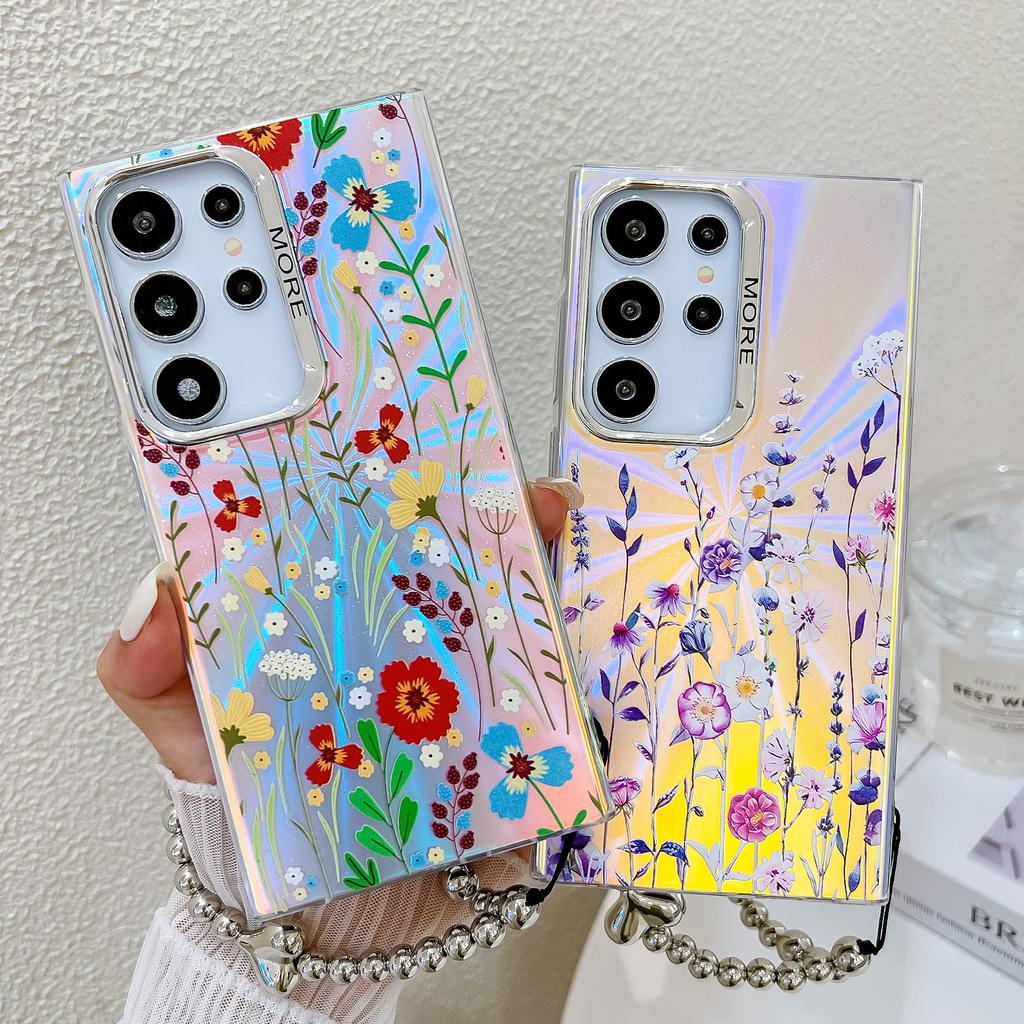 For Samsung Galaxy S24 Ultra Case TPU+PC Flower Pattern Laser Texture Phone Cover with Beaded Bracelet