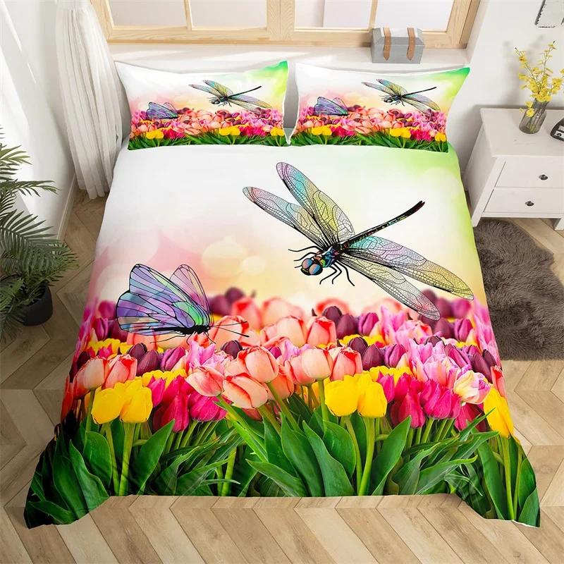 Dragonfly Duvet Cover King Butterfly Flower Leaves Bedding Set Microfiber Nature Animals Plants Quilt Cover For Teens Girls Room