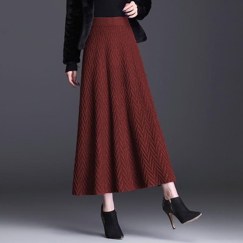 Herbst Winter Damen Verdickter Gestrickter A-Linien Midirock Hohe Taille Slim-Fit Plissierter Ausgestellter Rock