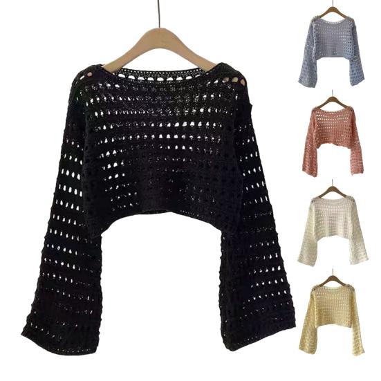 Couverture de protection solaire Col rond Manches extra longues Doux Extensible Protection solaire Pulls Hauts Couleur unie Design ajouré Hauts courts en tricot