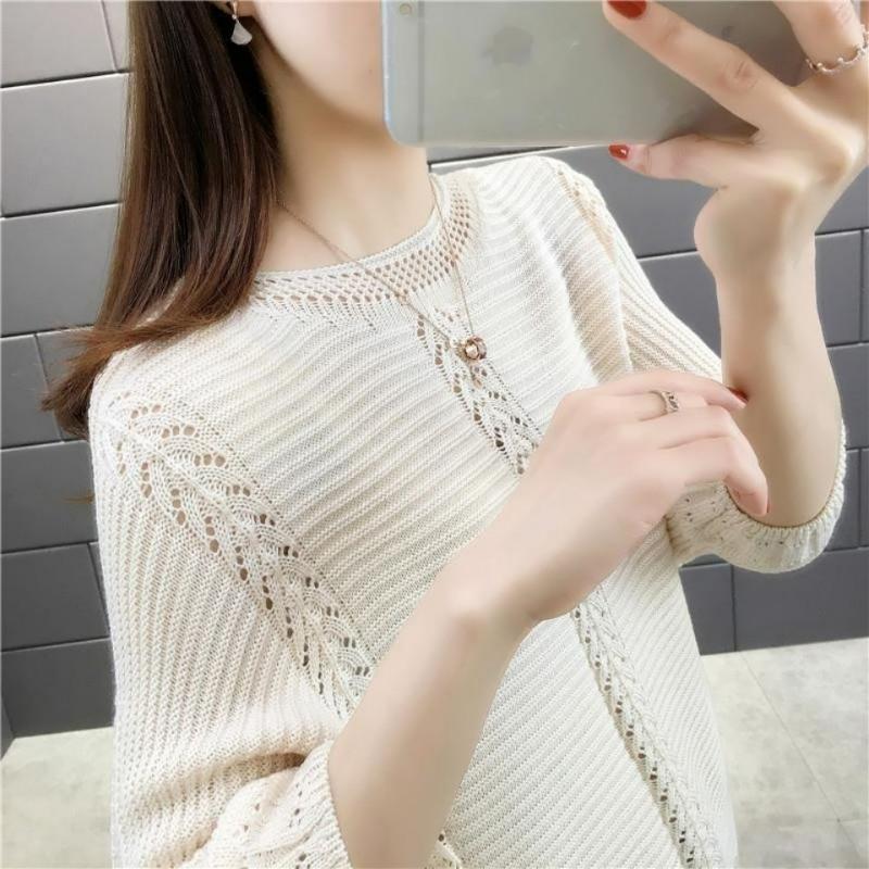 

Модные женские ажурные вязаные свитера весна-лето с коротким рукавом однотонные универсальные жаккардовые свободные повседневные пуловеры топы XXL
