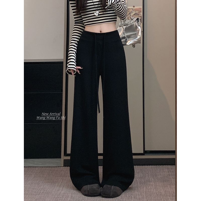 Drawstring High Waist Casual Pants Loose Pants Women's Autumn Drape Baggy Straight Trousers Apricot Mop Pants Lazy Long Pants
