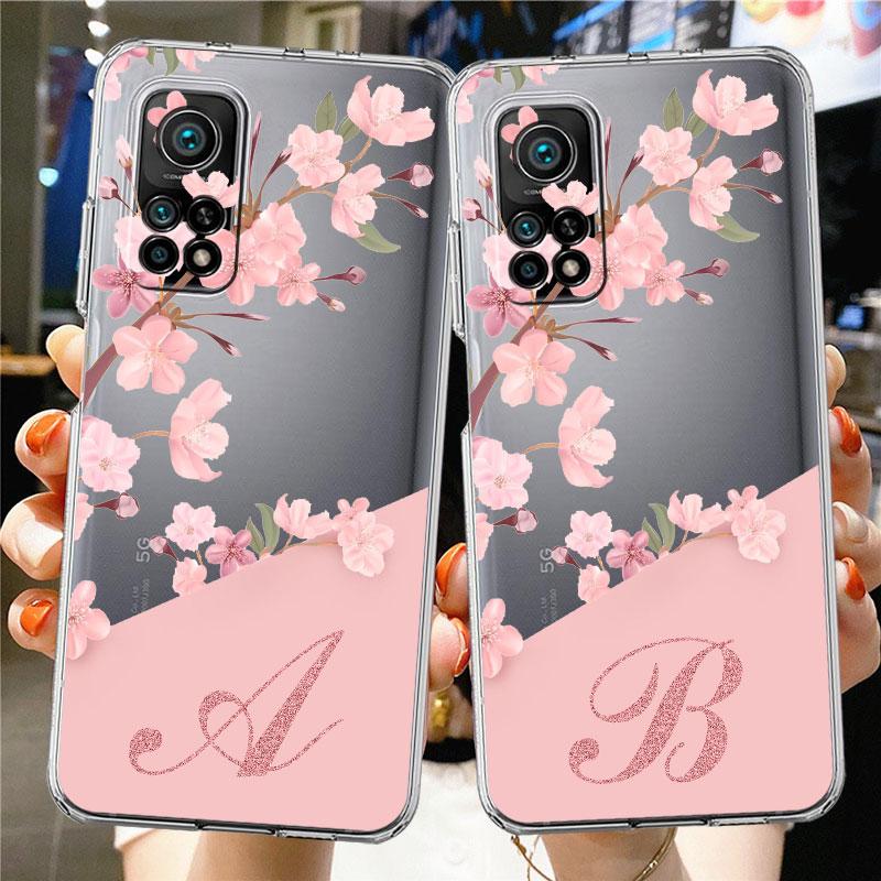 Case For Xiaomi Mi Poco X3 NFC 11 Lite M3 10T 9T 12 Redmi Note 10 9 9S 8 8T 7 Soft Clear Phone Cover Flower Letter Pink A B C