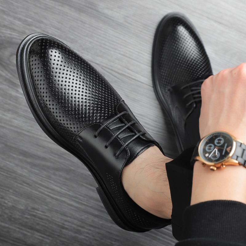 Hollow Leather Shoes Men's Summer Casual Korean Version Cowhide Punched Men's Shoes Summer Breathable Formal Wear Heightening Shoes