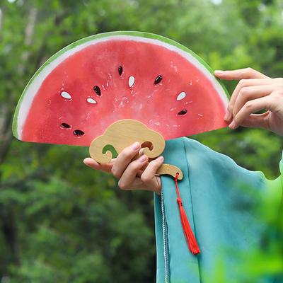 Watermelon Print Round Fan with Wooden Long Handle Portable Lightweight Outdoor Travel Camping Picnic Summer Handheld Paper Fan