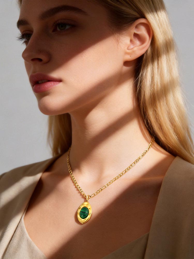 Chic Natural Malachite Texture Necklace for Women Gold Color Stainless Steel Link Chain Necklaces Charm Jewelry Party Gift