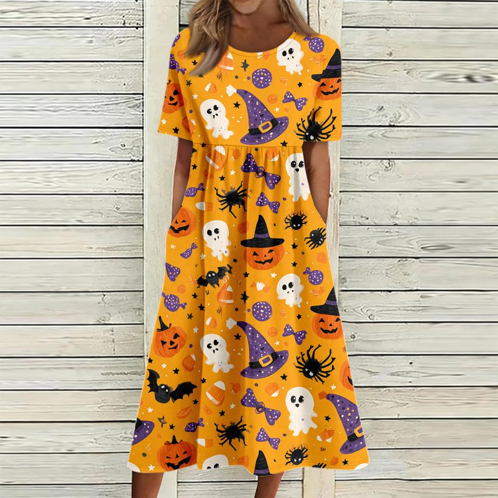 Women's Halloween Print Casual Fashion Round Neck Pocket Midi Dress Comfortable Loose Fit Short Sleeve Dress for Everyday Wear