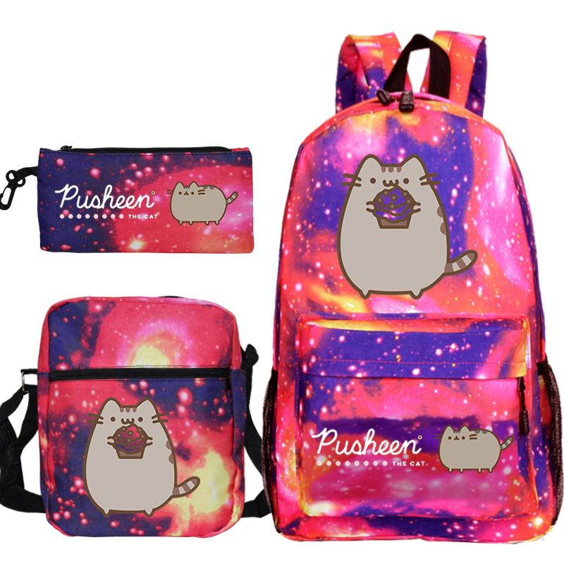Pusheen fette Katze niedlicher Cartoon bedruckter Schulranzen grenzüberschreitende Studenten tragbare Umhängetasche Federmäppchen dreiteiliges Set