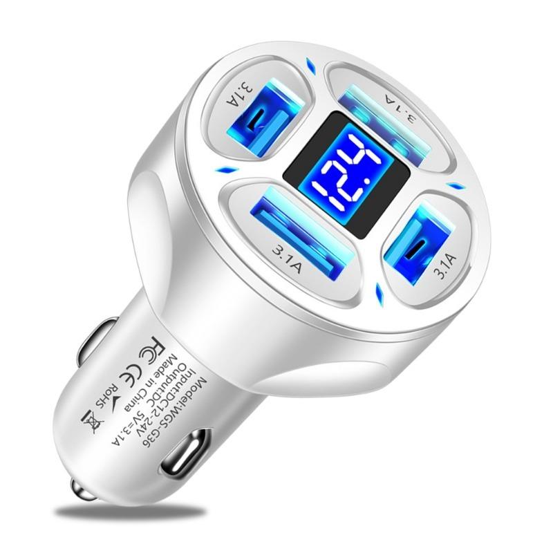 Car Phone Charger 4 Ports USB Fast Charging Cigarette Lighter Adapter Digital Display Phone Chargers for Iphone Xiaomi Samsung