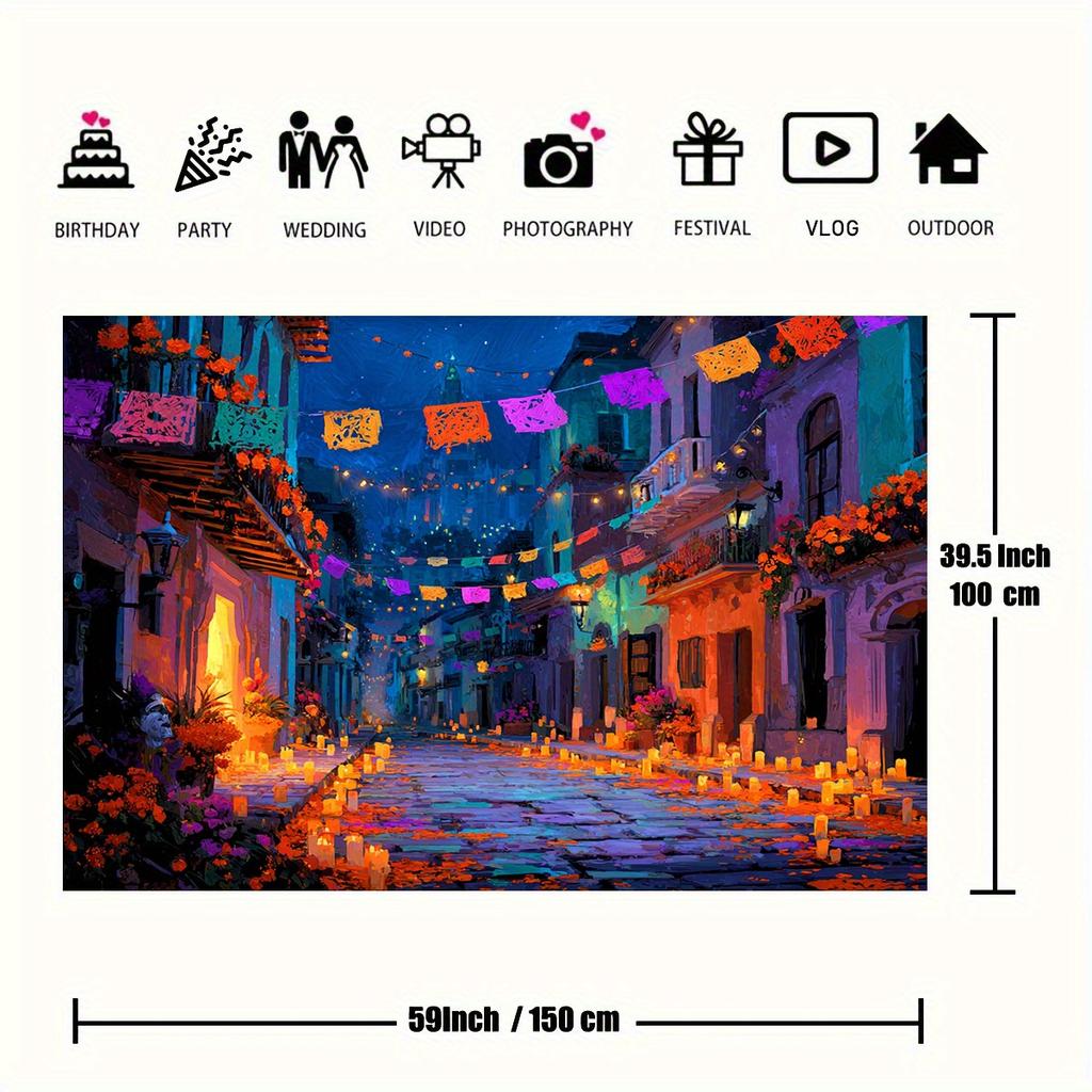 2D Flat Banner, 1 Piece of Mexican Festival-themed Background Fabric, Bright Marigold Flowers and Candlelit Street Party
