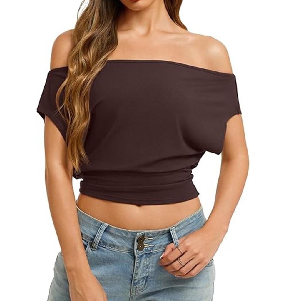 Dames Casual Mode Schuin Afvallende Schouder T-shirt, Slim-fit, Off-shoulder, Korte Mouwen Top