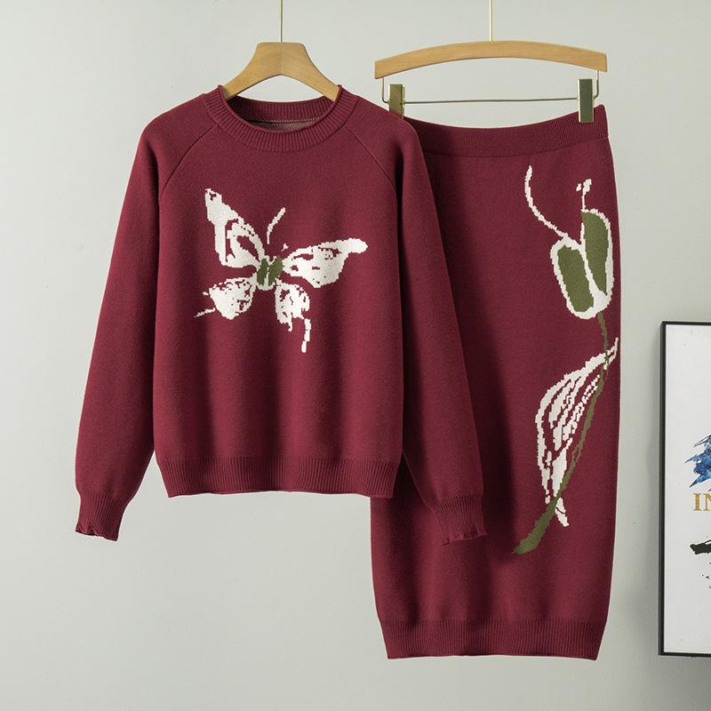 

Весенний женский новый свитер с вышитой бабочкой, юбка, модный комплект из двух предметов one size бордовый