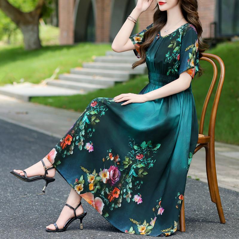 Elegantes Damenkleid Sommer Vintage Kleidung Lässig Kurzarm Lange Kleider