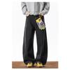 Men Black Structured Split Curved Blade American Retro Loose Straight Long Denim Jeans