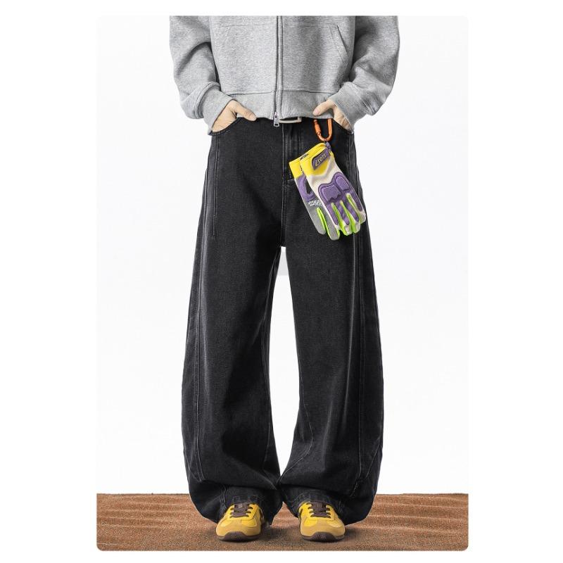 Men Black Structured Split Curved Blade American Retro Loose Straight Long Denim Jeans