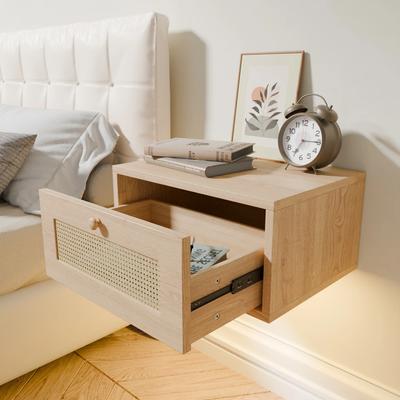 Einreihiges wandmontiertes hölzernes Nachttischchen mit Lichteffekt / Eine Schublade für Schlafzimmer, Wohnzimmer und Heimeinrichtung