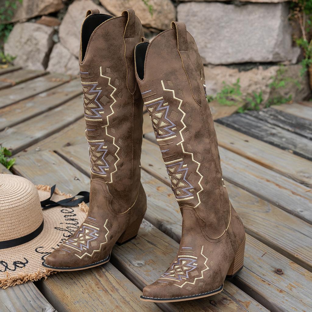 Embroidered Boots Thick Heel Western Cowboy Knight Boots High Boots European And American Pointed Boots Large Size Leather Boots
