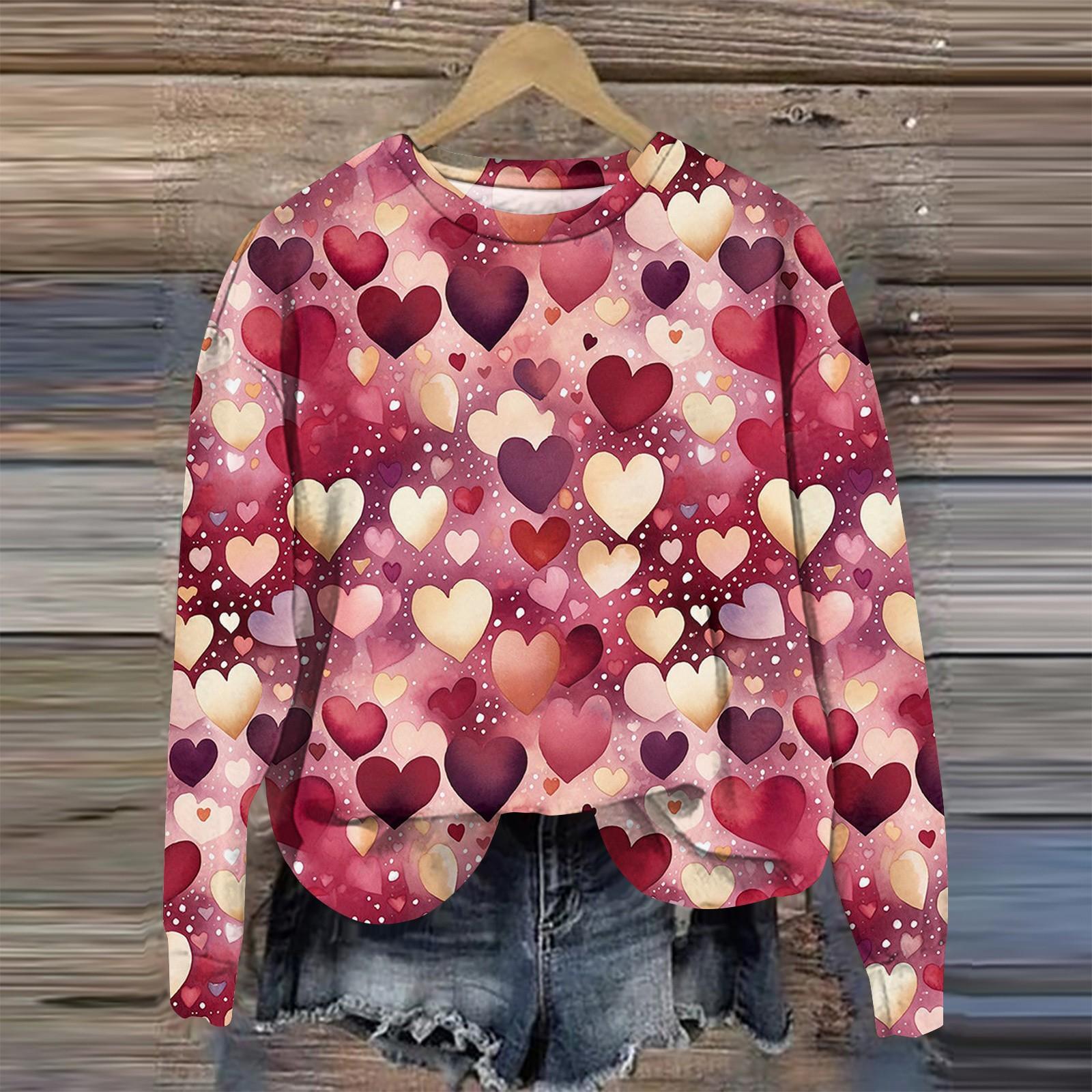 

Женская мода День святого Валентина Печатный длинный рукав свободный круглый вырез толстовка Топ осень XXXXXL розовый