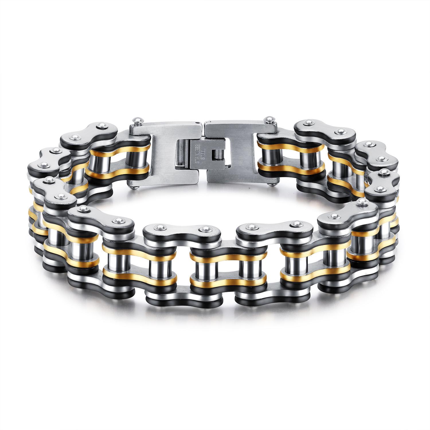 

OPK Men s Hip Hop Black & Gold Titanium Steel Motorcycle Chain Bracelet