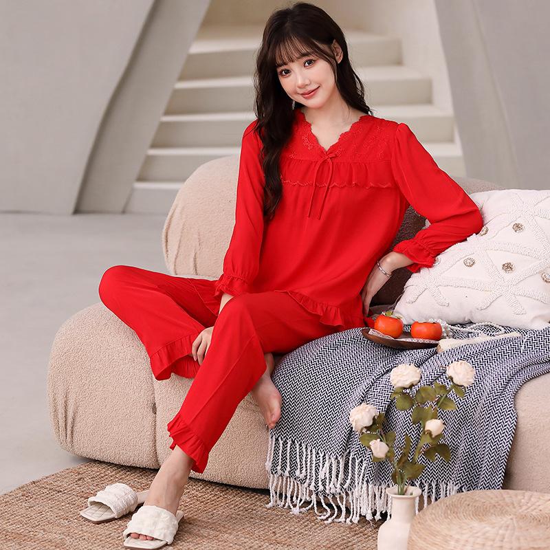 Tencel cotton pajamas women's comfortable lace loungewear nine-quarter sleeve trousers women's pullover set spring and summer new models