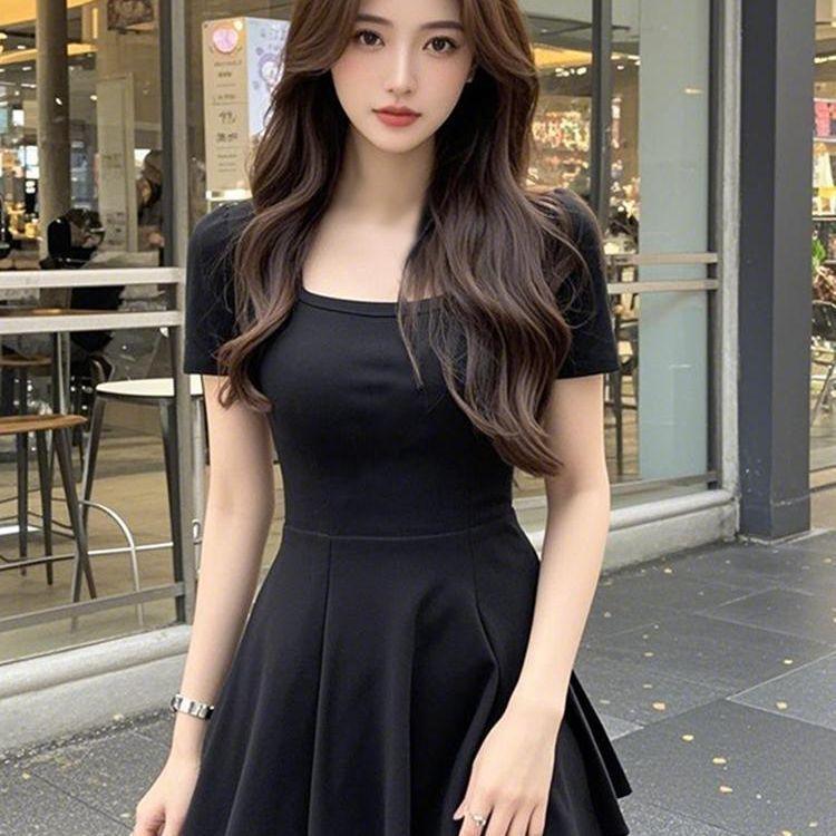 French pure desire black dress summer women's waist sweet and spicy skirt short skirt small black dress slim waist pinching