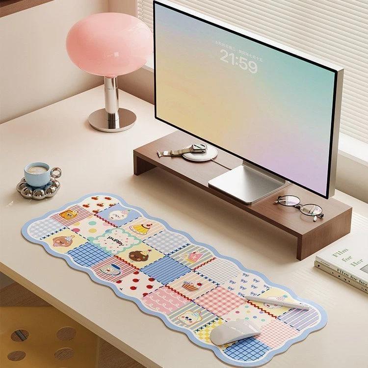 Scalloped Edge Pink Gingham Leather Desk Mat Waterproof Non-Slip for Desk Decor Student Writing Laptop Work Use