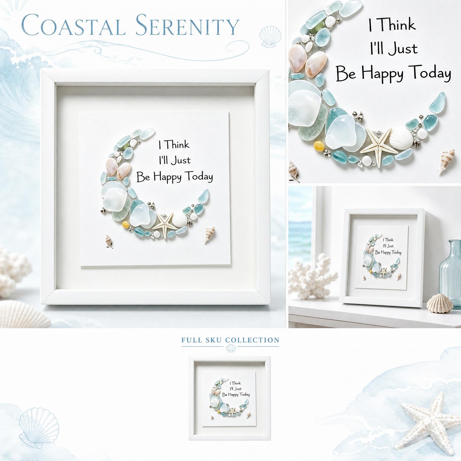 I Think I Will Just Be Happy Today Sea Glass Moon Art Decor with Starfish and Shells Framed Wall Hanging for Home or Office One Size