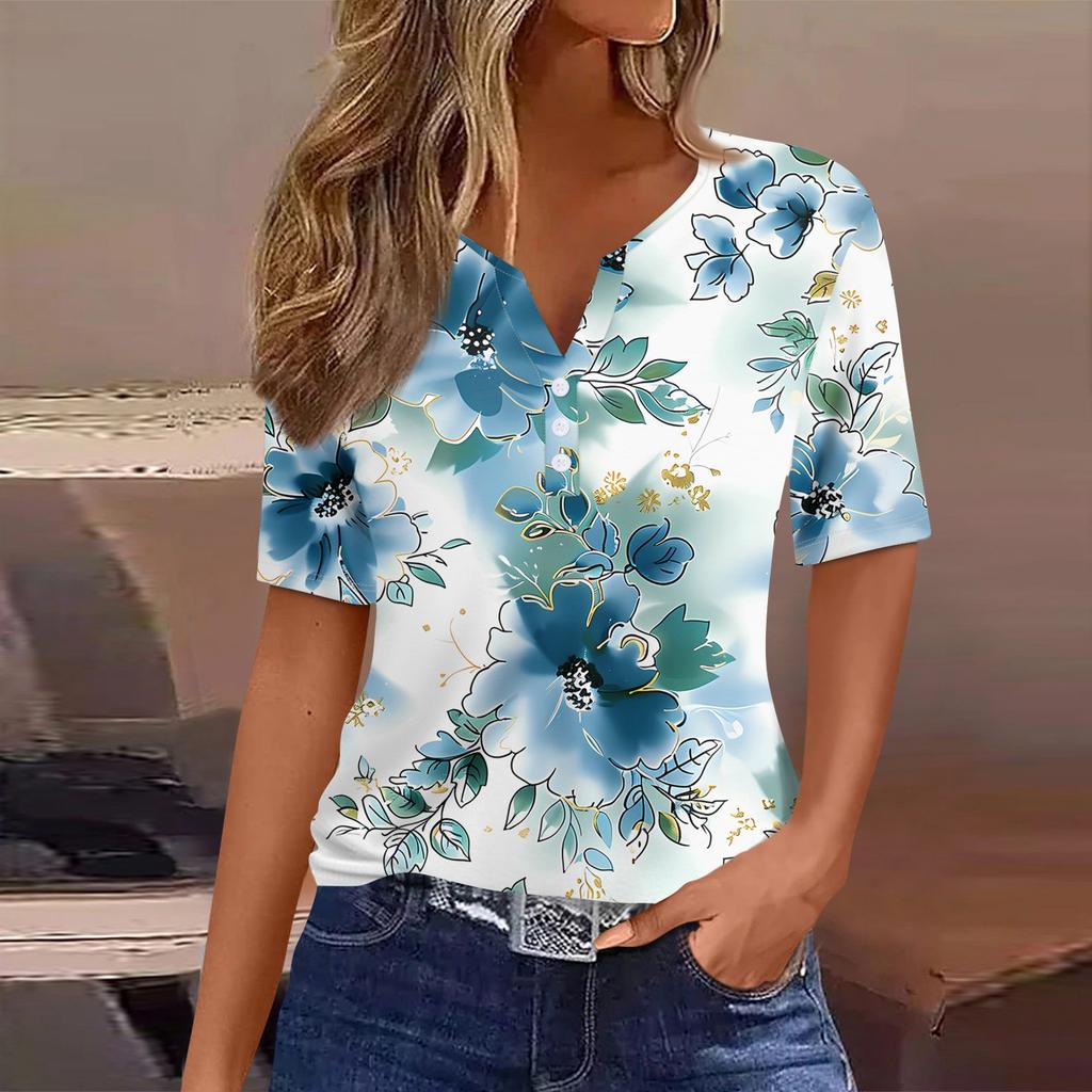 Women's T Shirt Print Button Short Sleeve Daily Weekend Fashion Basic V- Neck Regular Top