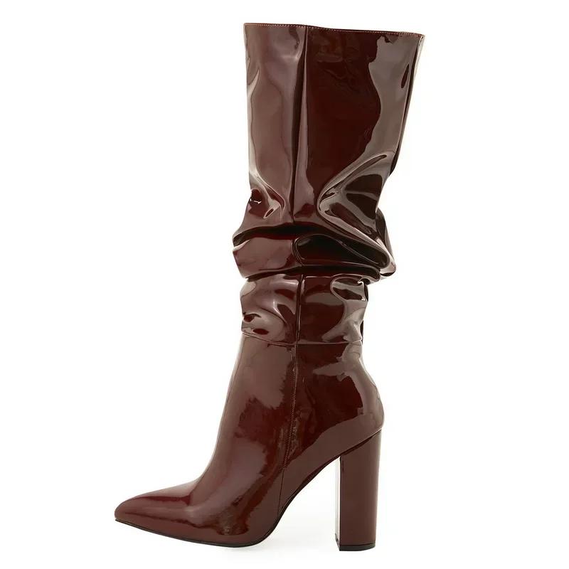 Women Pleated Patent Leather High Thick Heel Long Boots for Office Nightclub Party Wedding Banquet Catwalk Show Botas De Mujer