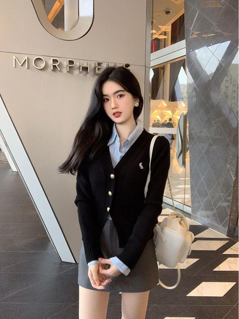 2025 Autumn/Winter V-neck Long Sleeve Knit Cardigan with Rabbit Embroidery – College Style Age-Reducing Versatile Top